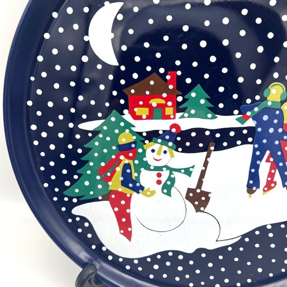 Lillian Vernon Christmas Cake Plate Ice Skaters 1990 Blue Ceramic 11" Japan - Picture 2 of 6
